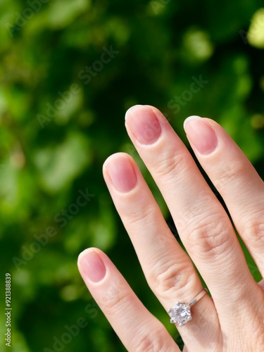 Japanese hygienic manicure on the female hand of the bride with a wedding ring. Clean and safe manicure. Beautiful fingers and nails without gel polish. Vertical