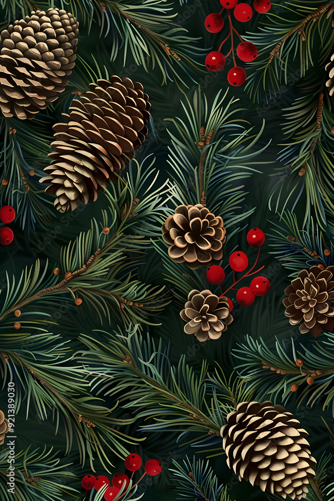 Seamless pattern of spruce cones, pine needles and red berries on dark green background, vector graphics, illustration, christimas themed Seamless pattern of spruce cones, pine needles and red berries on dark green background, vector graphics, illustration, christimas themed