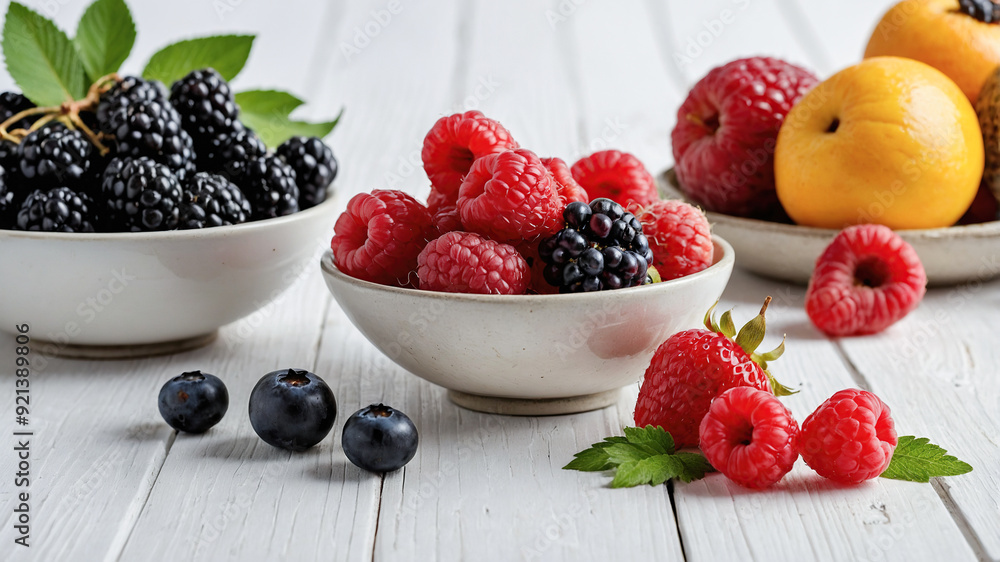 A vibrant selection of mixed berries and sliced kiwi, arranged beautifully on a rustic white wooden table, with a bright summer vibe.