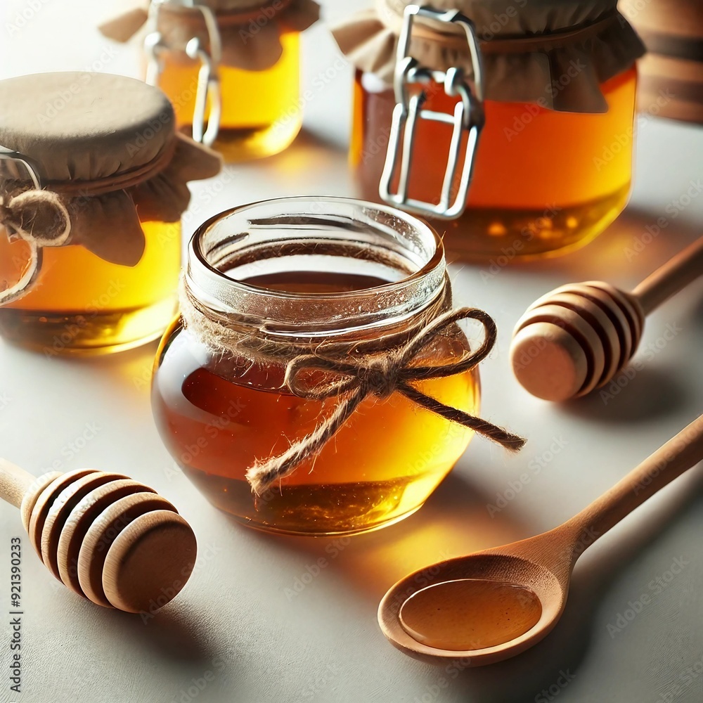 A close-up image of jars of honey placed on a white table, with wooden spoons beside them. A close-up image of jars of honey placed on a white table, with wooden spoons beside them.