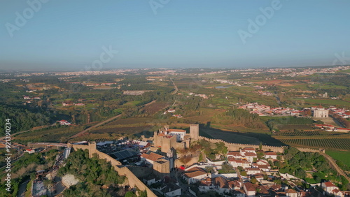 Drone historic castle countryside village sunny summer day. Scenic landscape