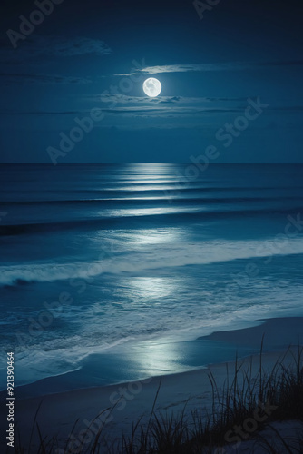 A tranquil full moon night over a peaceful ocean, with gentle waves lapping the sandy shore. Ideal for backgrounds, nature-themed designs, and relaxation concepts.