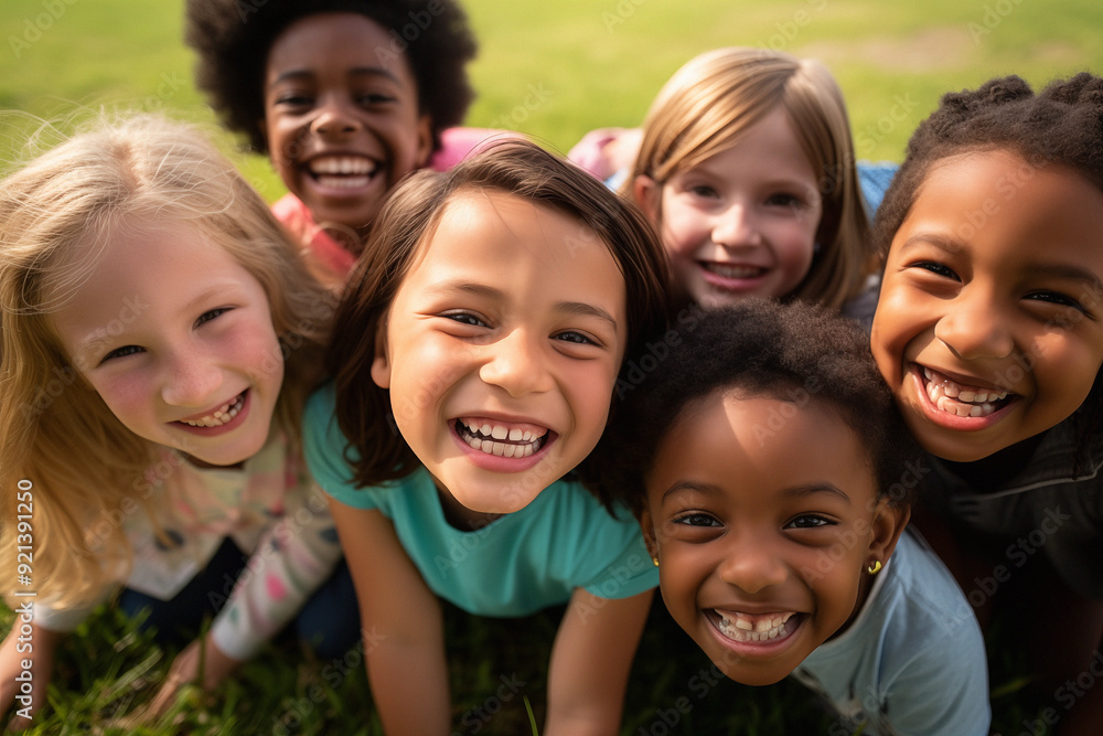 Diverse group of preschoolers, smiling up at the camera Diverse group of preschoolers, smiling up at the camera