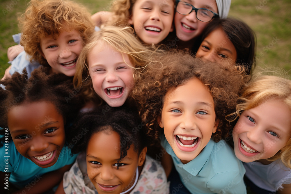 Diverse group of preschoolers, smiling up at the camera Diverse group of preschoolers, smiling up at the camera