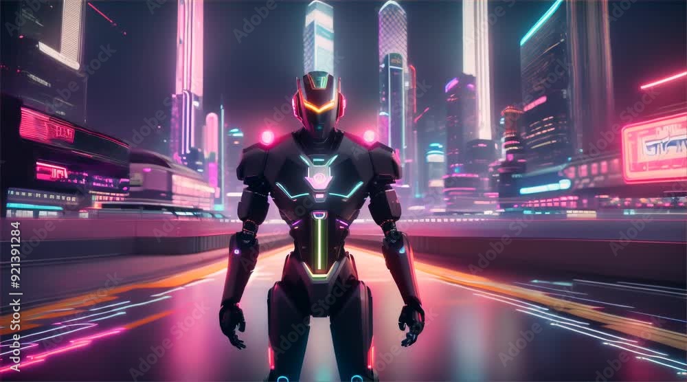 Sophisticated robot standing amidst neon reflections in a sleek, futuristic, floating metropolis Sophisticated robot standing amidst neon reflections in a sleek, futuristic, floating metropolis