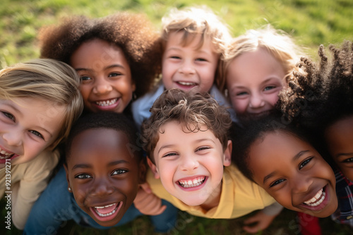 Diverse group of preschoolers, smiling up at the camera