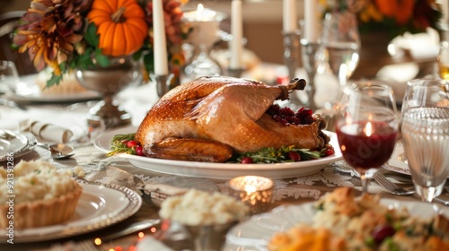 turkey on a plate on a table with food at a family dinner