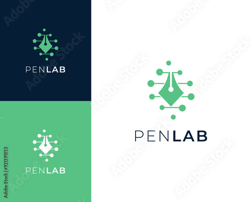 Pen lab logo. Pen with science element logo design illustration.
