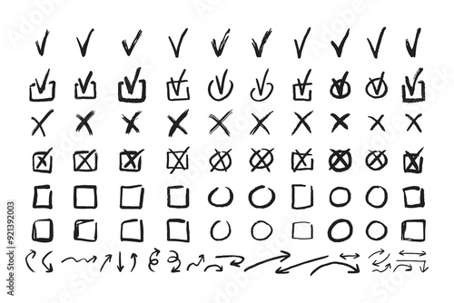 Check marks doodle black line element set, tick and a cross, empty thin box and arrow sign. Grunge hand drawn style