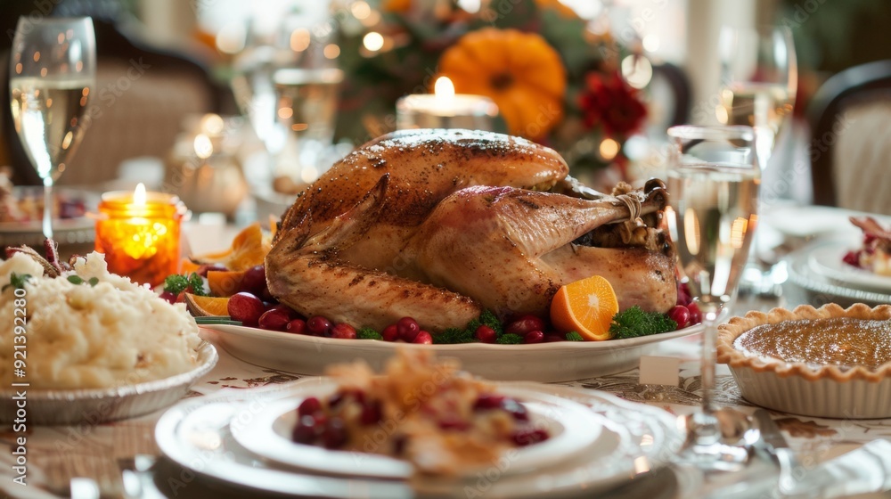 turkey on a plate on a table with food at a family dinner turkey on a plate on a table with food at a family dinner