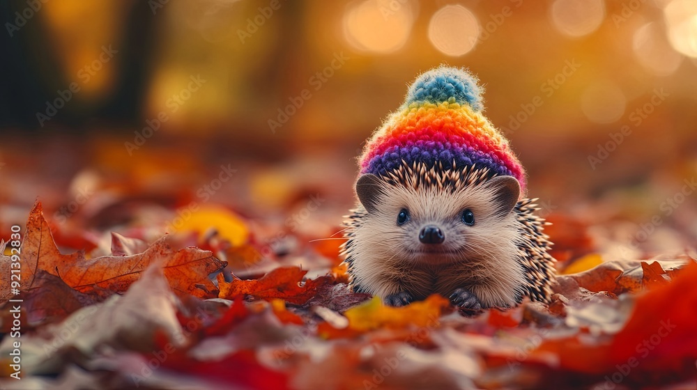 A small hedgehog wearing a colorful hat is sitting on a pile of autumn leaves A small hedgehog wearing a colorful hat is sitting on a pile of autumn leaves