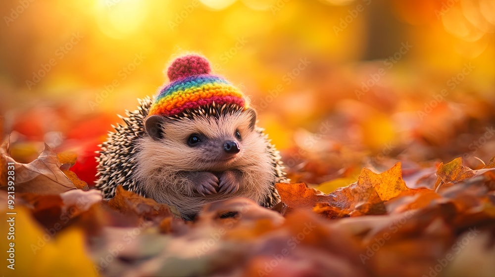 A hedgehog wearing a colorful hat is sitting on a pile of autumn leaves A hedgehog wearing a colorful hat is sitting on a pile of autumn leaves