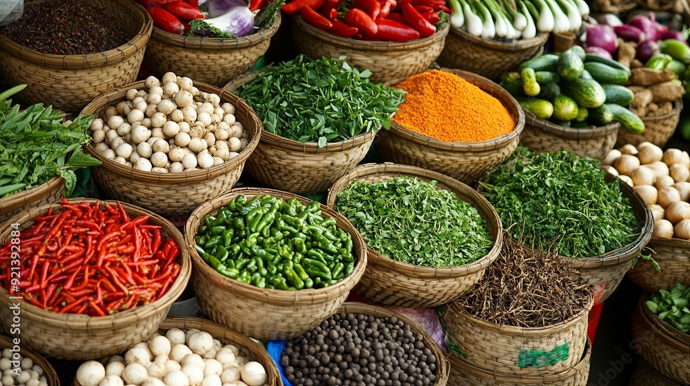 A variety of spices and vegetables are displayed in baskets A variety of spices and vegetables are displayed in baskets