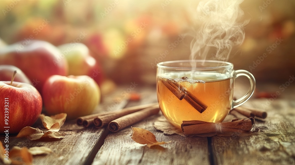 A cup of tea with cinnamon sticks and apples on a wooden table A cup of tea with cinnamon sticks and apples on a wooden table