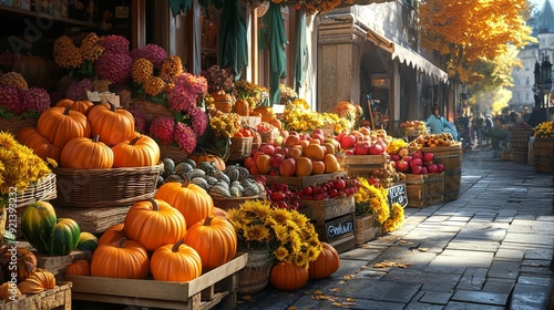 A street market with a variety of fruits and vegetables, including pumpkins