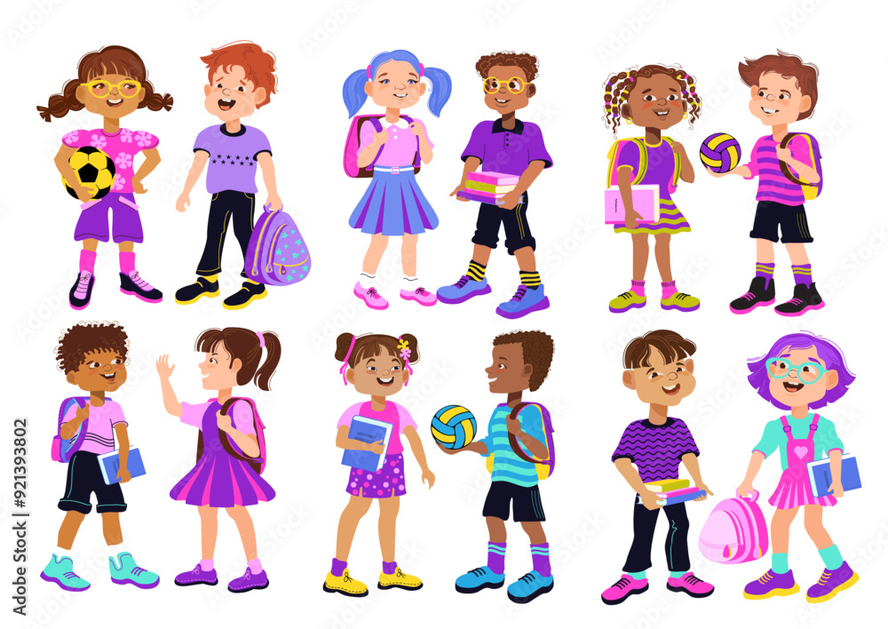 Cute cartoon children. Set of schoolchildren ready to back to school. Bundle of boys and girls with backpacks and books. Diverse multiethnic colorful students. Vector flat illustration. Cute cartoon children. Set of schoolchildren ready to back to school. Bundle of boys and girls with backpacks and books. Diverse multiethnic colorful students. Vector flat illustration.