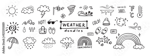Weather Doodle sketch icons cartoon line hand drawn illustration for concept design. Kids cute style