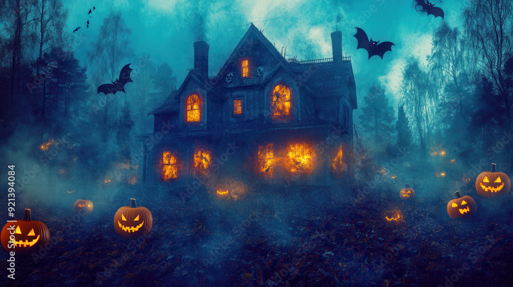 Spooky halloween illustration of ghost house with bats and jack-o-lanterns Spooky halloween illustration of ghost house with bats and jack-o-lanterns