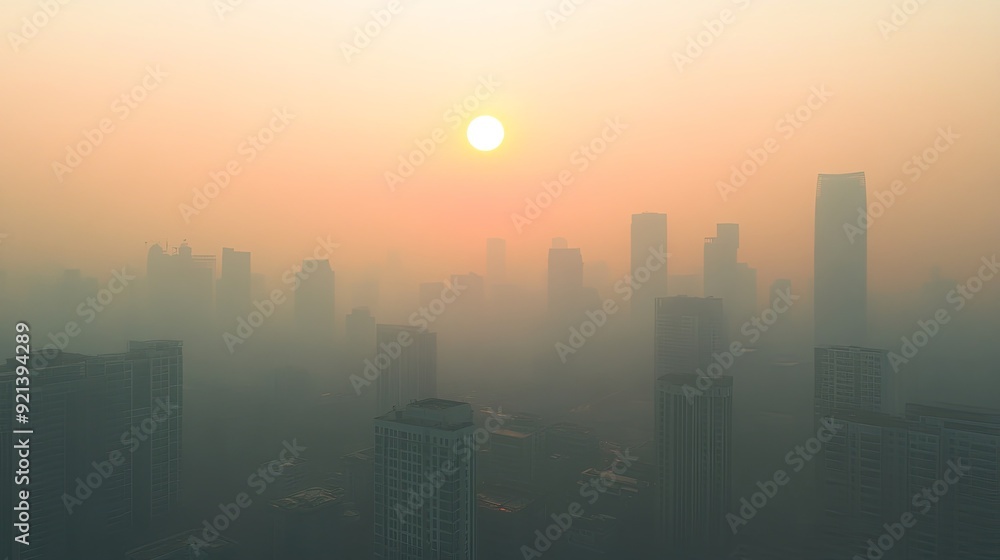 A city skyline with a large sun in the sky A city skyline with a large sun in the sky