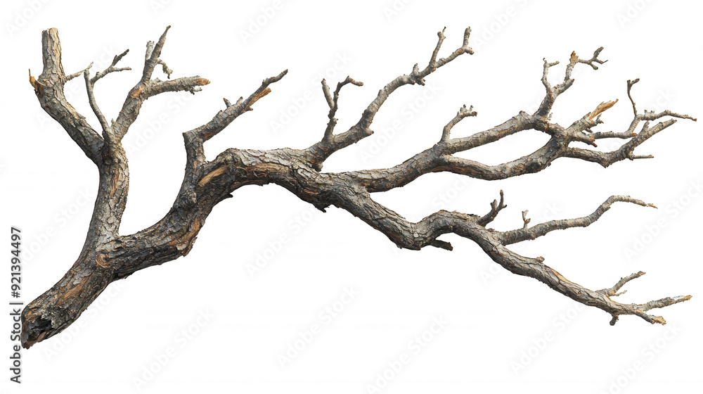 Tree branch without leaves isolated on a white and transparent background