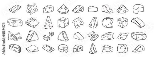 Cheese Doodle hand drawn line icon set. Different piece slice cheese for menu, design restaurant, cafe