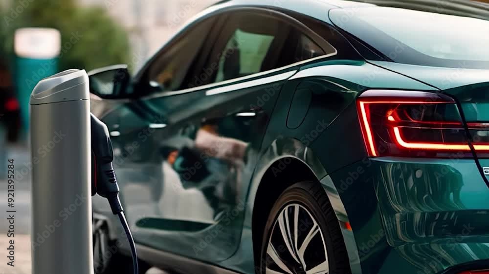 Green Electric Car Charging at a Charging Station Green Electric Car Charging at a Charging Station