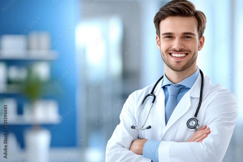 Smiling Young Male Doctor in White Coat with Stethoscope in Modern Medical Office Smiling Young Male Doctor in White Coat with Stethoscope in Modern Medical Office