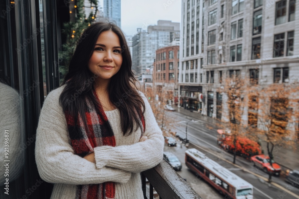 Young Woman with Checkered Scarf Enjoying City View from Balcony in the Winter Young Woman with Checkered Scarf Enjoying City View from Balcony in the Winter