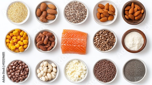 Assorted nuts, seeds, and berries in small bowls on a white background,