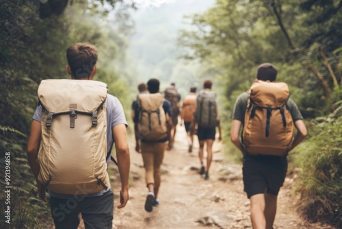 Group of Hikers with Backpacks Walking on a Forest Trail on a Summer Day