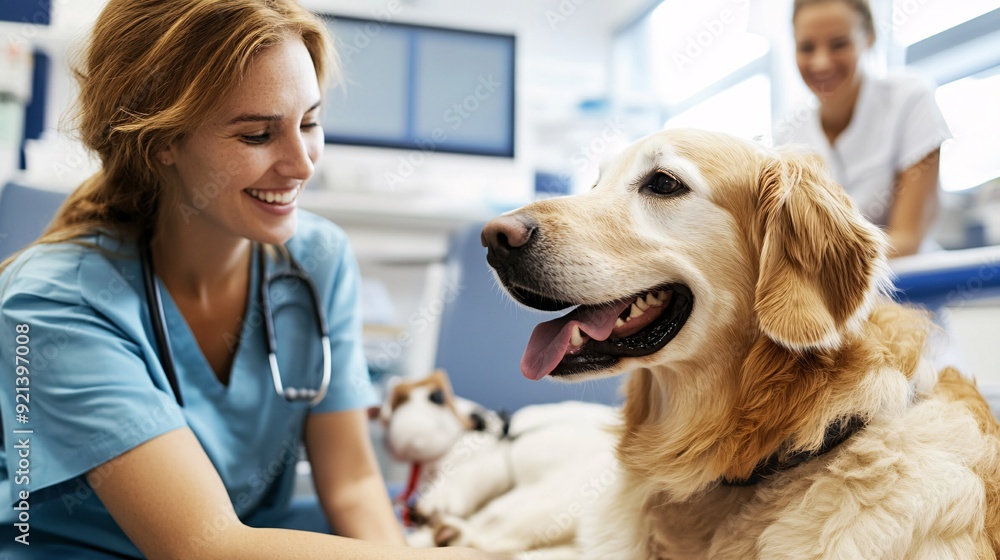 Animal assisted therapist smiling at a child petting a therapy dog during a session. Animal assisted therapist smiling at a child petting a therapy dog during a session.