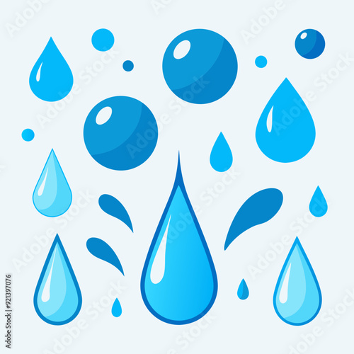 Falling water drops set. Liquid splashes, blue water aqua spills. Nature splash elements. Raindrop or sweat, wet droplets of dew shapes. Vector collection. drops of water set.