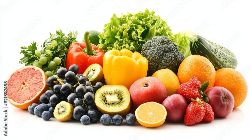 Fresh assortment of fruits and vegetables on a white background Fresh assortment of fruits and vegetables on a white background