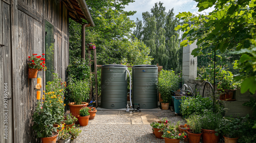Obraz premium Collect and store rainwater in a tank. Use pipes to direct the rainwater to places like the laundry room, toilet, and garden. This helps save water and protect the environment.