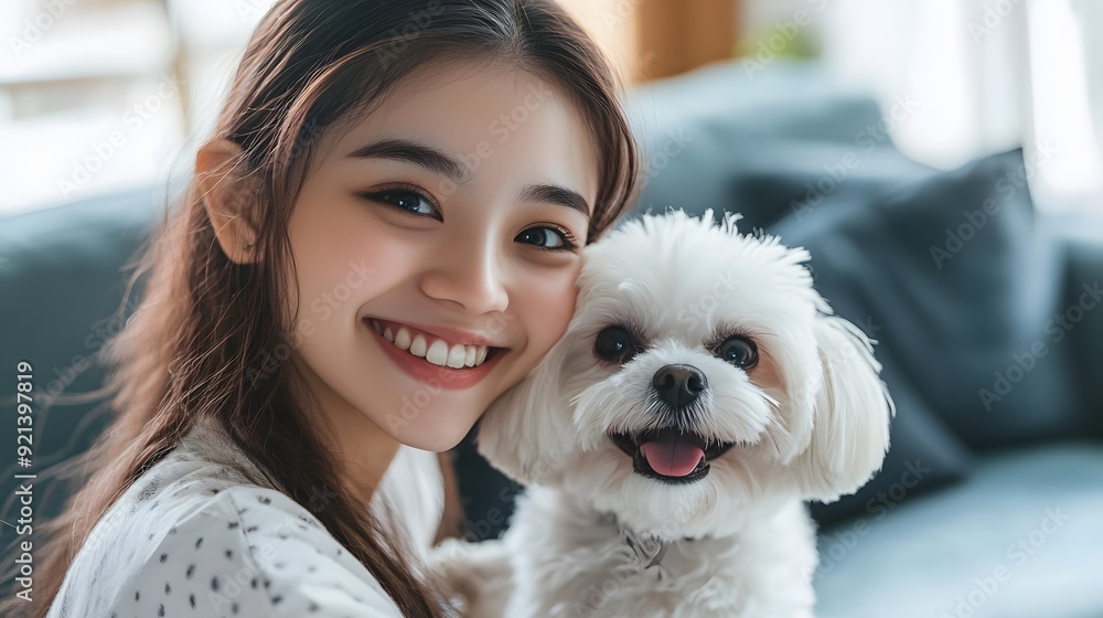 日本人女性とかわいい白いシーズー犬のポートレート 日本人女性とかわいい白いシーズー犬のポートレート