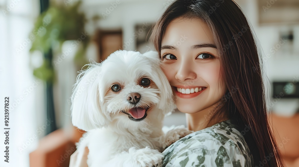 日本人女性とかわいい白いシーズー犬のポートレート 日本人女性とかわいい白いシーズー犬のポートレート