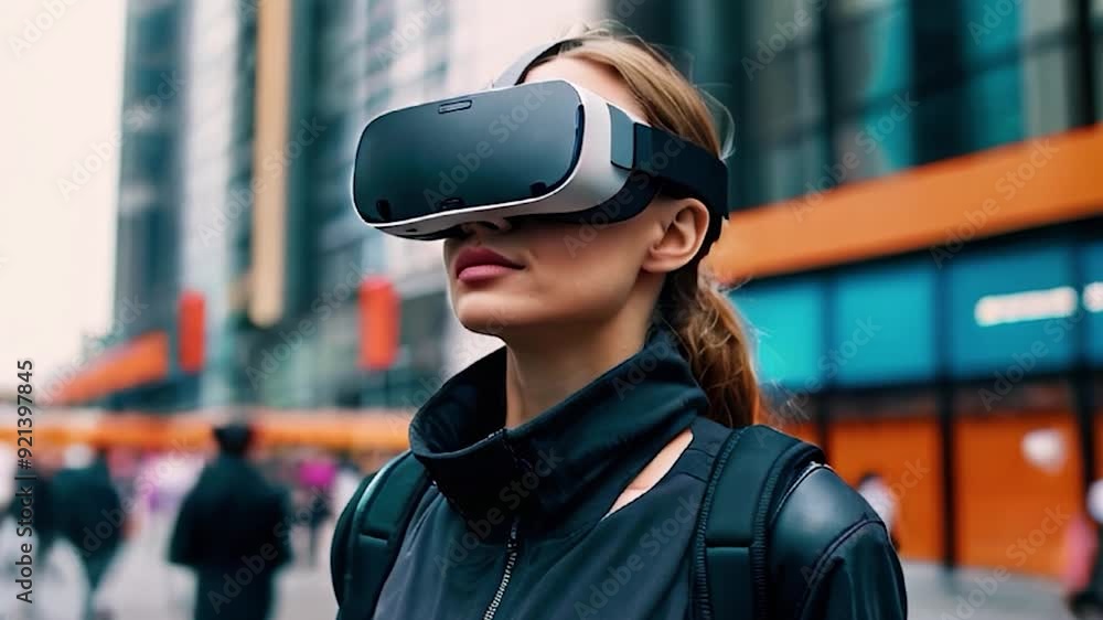 Woman Wearing VR Headset in a Busy City Street Woman Wearing VR Headset in a Busy City Street
