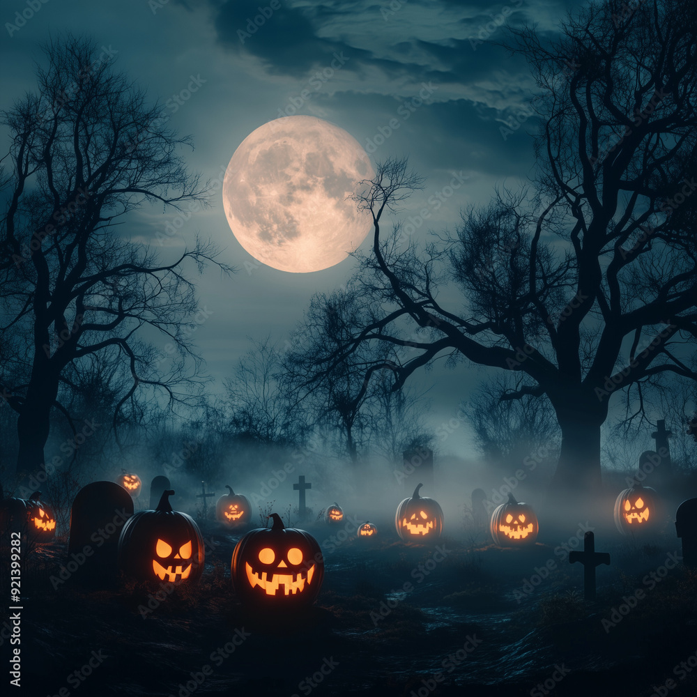 Fototapeta premium halloween graveyard with glowing pumpkins