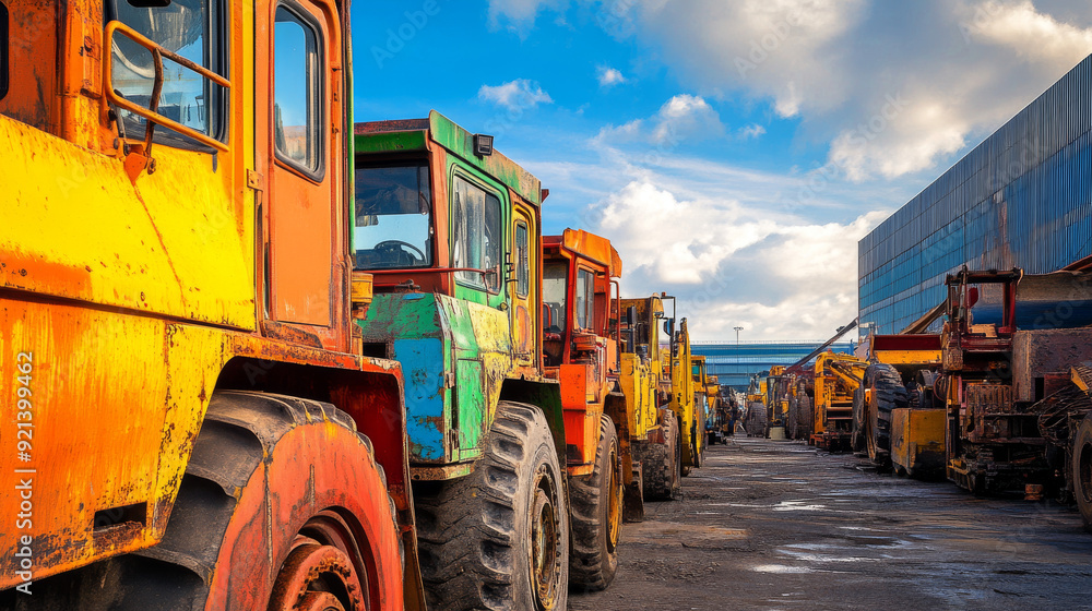 Obraz premium Heavy construction equipment, painted in various bright colors, is parked in a lot next to a warehouse. These machines are used for industrial projects and are available for rent or sale.