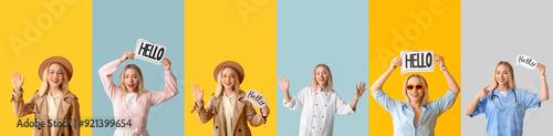 Collage of happy woman with...