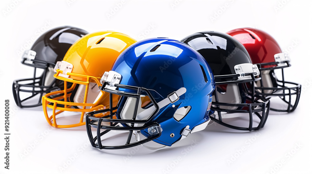 Fototapeta premium Football helmets side view in multiple colors isolated on white.