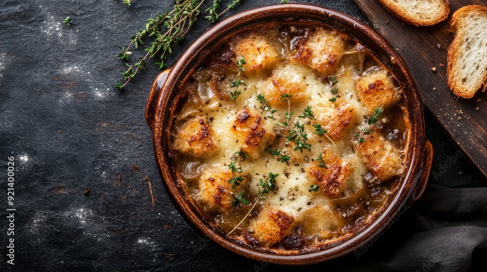 Traditional French onion soup baked with freshly grated thyme on top of the cheese croutons. upper view Traditional French onion soup baked with freshly grated thyme on top of the cheese croutons. upper view