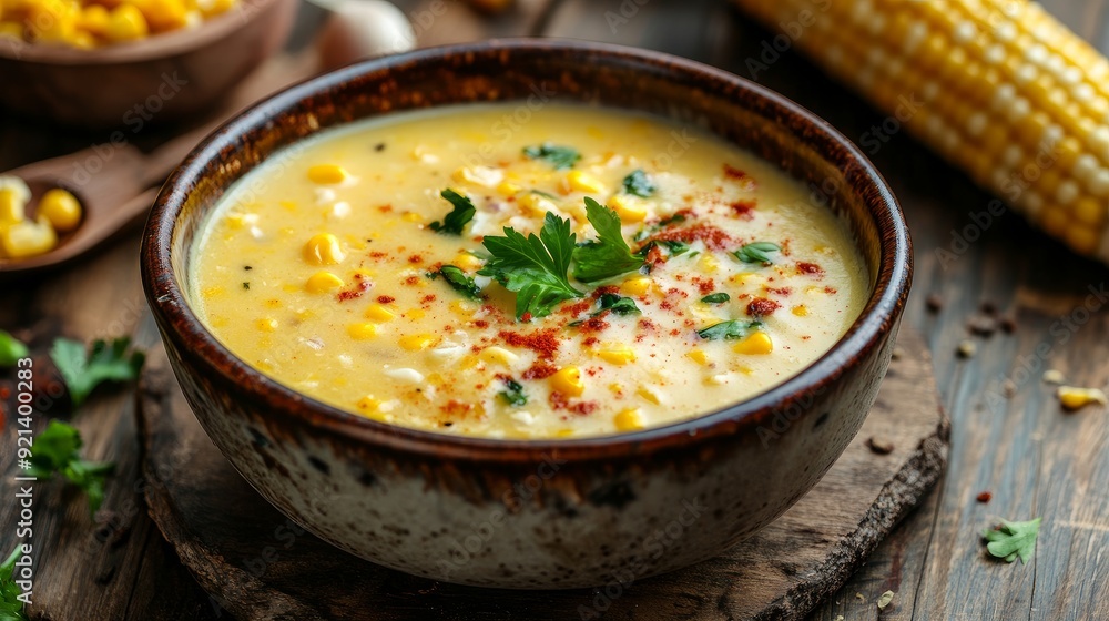 A bowl of creamy, delicious corn soup on the table in a ceramic bowl. vegetarian cuisine A bowl of creamy, delicious corn soup on the table in a ceramic bowl. vegetarian cuisine