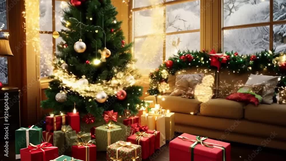 A cozy Christmas setting with a beautifully decorated tree surrounded by a multitude of colorful gift boxes and twinkling lights. A cozy Christmas setting with a beautifully decorated tree surrounded by a multitude of colorful gift boxes and twinkling lights.