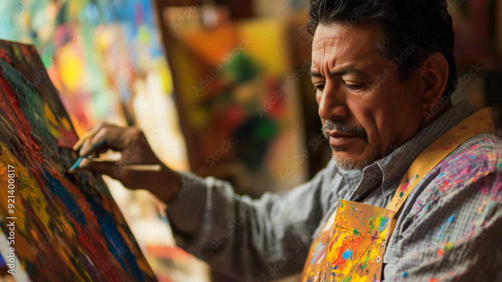 Vibrant Art Studio In a colorful softly in natural lighting a Latino man as an artist painter in a paint-splattered apron applies careful strokes to his canvas Vibrant Art Studio In a colorful softly in natural lighting a Latino man as an artist painter in a paint-splattered apron applies careful strokes to his canvas