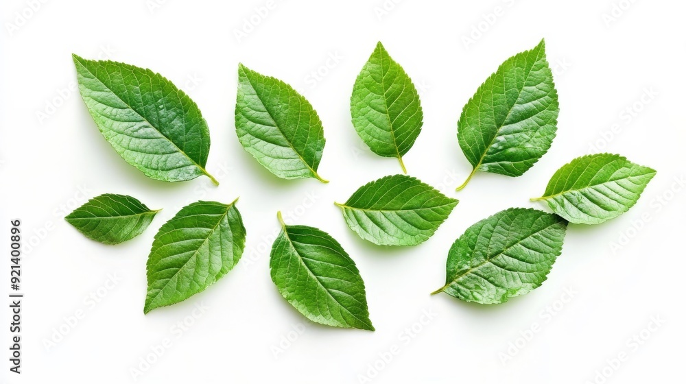 White background with green leaves. White background with green leaves.