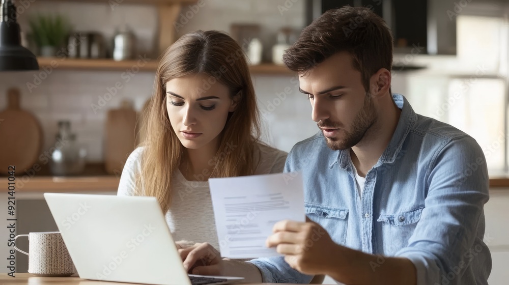 Couple reads bank loan notification. Couple reads bank loan notification.