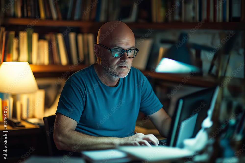 A middle-aged man wearing glasses, intently working on a computer in a dimly lit home office with bookshelves in the background. A middle-aged man wearing glasses, intently working on a computer in a dimly lit home office with bookshelves in the background.
