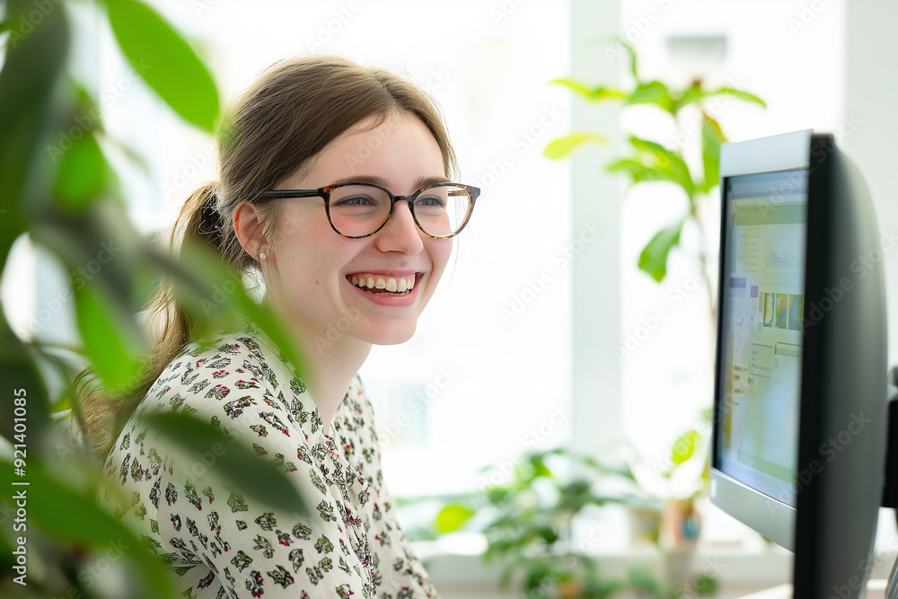 A young woman with glasses, smiling brightly while working on a computer, surrounded by indoor plants in a modern workspace.