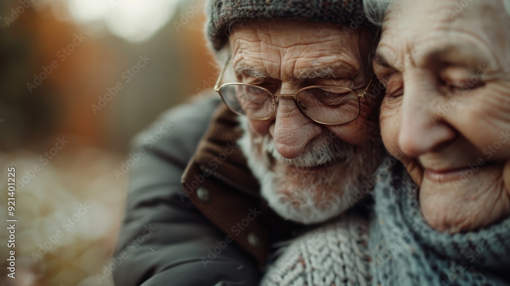 An elderly couple is sharing a tender embrace outdoors, showcasing a moment of deep connection and love, with autumn leaves in the background enhancing the warm atmosphere. An elderly couple is sharing a tender embrace outdoors, showcasing a moment of deep connection and love, with autumn leaves in the background enhancing the warm atmosphere.